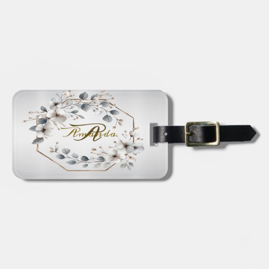 Waterverf Witte Bloemen Gouden Lijst Zilver Blauwg Bagagelabel (Voorkant horizontaal)