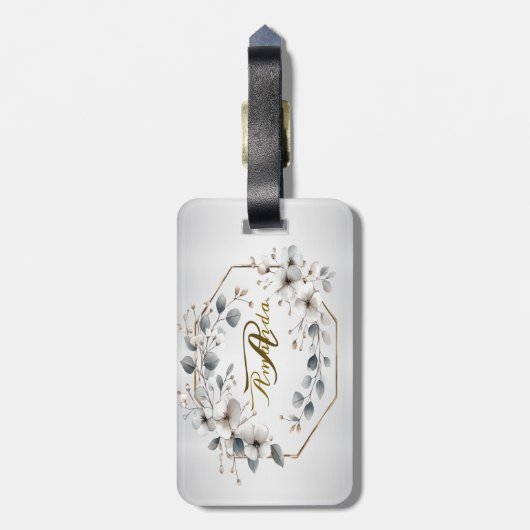 Waterverf Witte Bloemen Gouden Lijst Zilver Blauwg Bagagelabel (Achterkant verticaal)