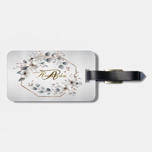 Waterverf Witte Bloemen Gouden Lijst Zilver Blauwg Bagagelabel (Achterkant horizontaal)