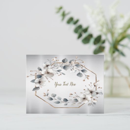 Waterverf Witte Bloemen Gouden Lijst Zilver Blauwg Briefkaart (Staand voorkant)