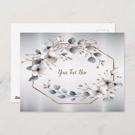 Waterverf Witte Bloemen Gouden Lijst Zilver Blauwg Briefkaart (Voorkant / Achterkant)
