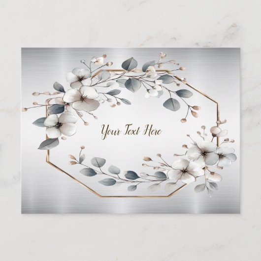 Waterverf Witte Bloemen Gouden Lijst Zilver Blauwg Briefkaart (Voorkant)