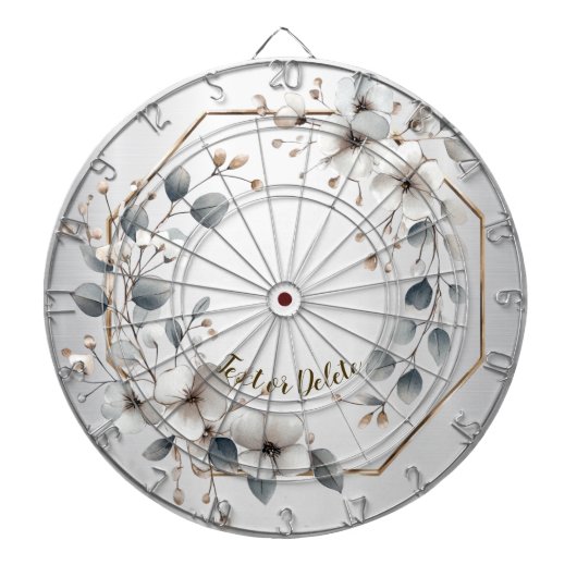 Waterverf Witte Bloemen Gouden Lijst Zilver Blauwg Dartbord (Voorkant)