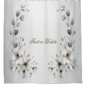 Waterverf Witte Bloemen Gouden Lijst Zilver Blauwg Douchegordijn (Voorkant)