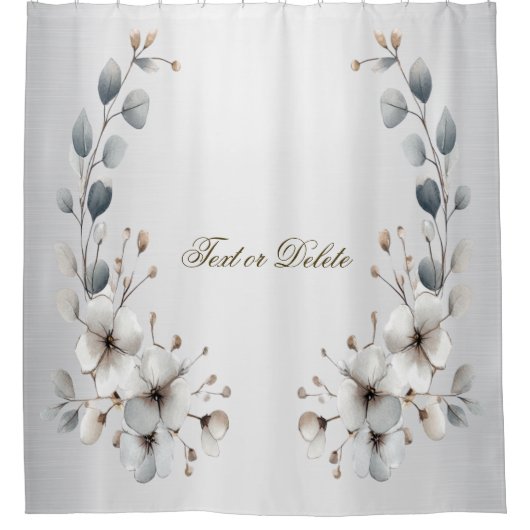 Waterverf Witte Bloemen Gouden Lijst Zilver Blauwg Douchegordijn (Voorkant)