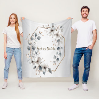 Waterverf Witte Bloemen Gouden Lijst Zilver Blauwg Fleece Deken