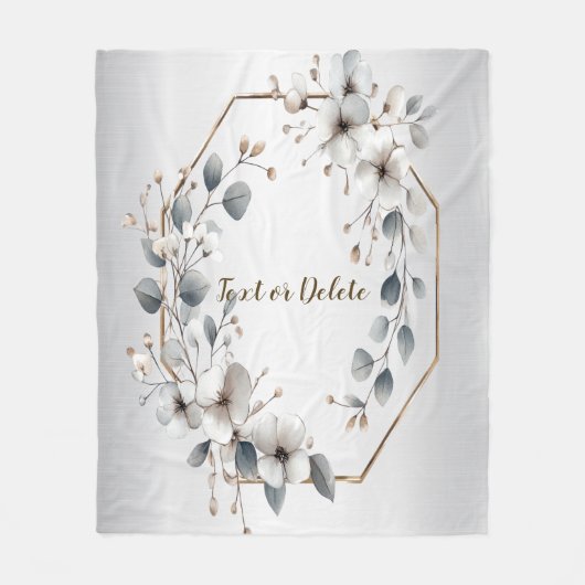 Waterverf Witte Bloemen Gouden Lijst Zilver Blauwg Fleece Deken (Voorkant)