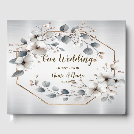 Waterverf Witte Bloemen Gouden Lijst Zilver Blauwg Gastenboek (Voorkant)