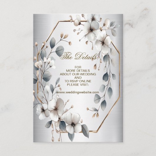 Waterverf Witte Bloemen Gouden Lijst Zilver Blauwg Informatiekaartje (Voorkant)