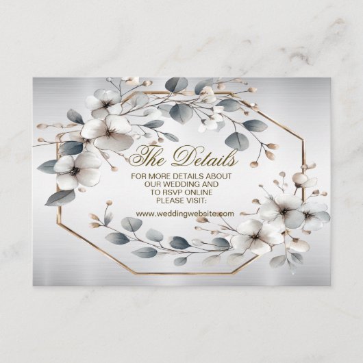 Waterverf Witte Bloemen Gouden Lijst Zilver Blauwg Informatiekaartje (Voorkant)