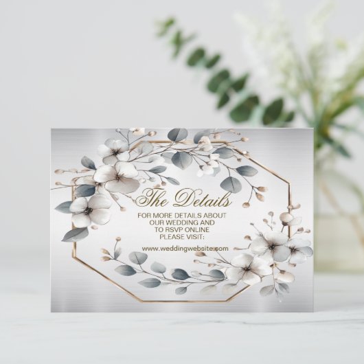 Waterverf Witte Bloemen Gouden Lijst Zilver Blauwg Informatiekaartje (Staand voorkant)