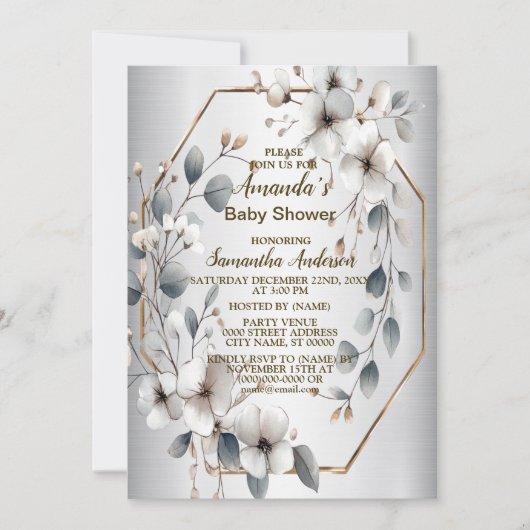 Waterverf Witte Bloemen Gouden Lijst Zilver Blauwg Kaart (Voorkant)