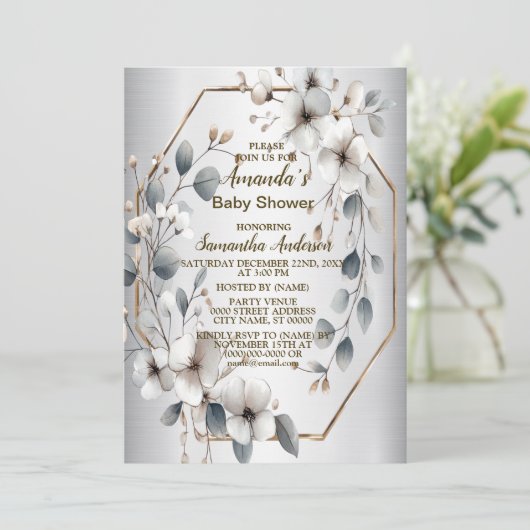 Waterverf Witte Bloemen Gouden Lijst Zilver Blauwg Kaart (Staand voorkant)