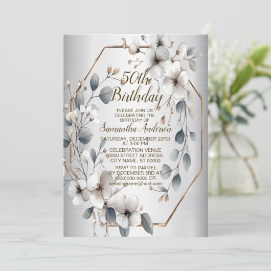 Waterverf Witte Bloemen Gouden Lijst Zilver Blauwg Kaart (Staand voorkant)