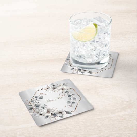 Waterverf Witte Bloemen Gouden Lijst Zilver Blauwg Kartonnen Onderzetters (Insitu)