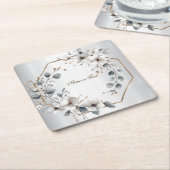 Waterverf Witte Bloemen Gouden Lijst Zilver Blauwg Kartonnen Onderzetters (Schuin)