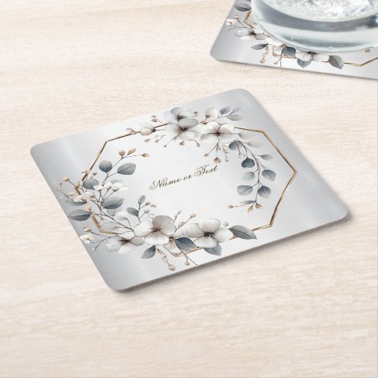 Waterverf Witte Bloemen Gouden Lijst Zilver Blauwg Kartonnen Onderzetters (Schuin)