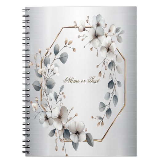 Waterverf Witte Bloemen Gouden Lijst Zilver Blauwg Notitieboek (Voorkant)