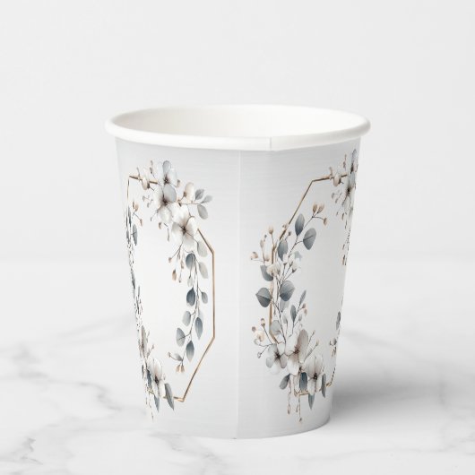 Waterverf Witte Bloemen Gouden Lijst Zilver Blauwg Papieren Bekers (Rechts)