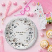 Waterverf Witte Bloemen Gouden Lijst Zilver Blauwg Papieren Bordje (Feest)