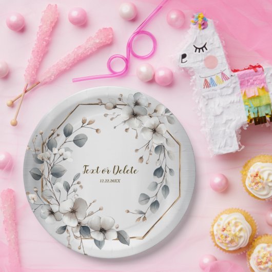 Waterverf Witte Bloemen Gouden Lijst Zilver Blauwg Papieren Bordje (Feest)