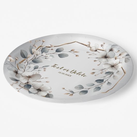 Waterverf Witte Bloemen Gouden Lijst Zilver Blauwg Papieren Bordje (Gekanteld)