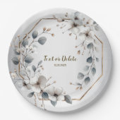 Waterverf Witte Bloemen Gouden Lijst Zilver Blauwg Papieren Bordje (Voorkant)