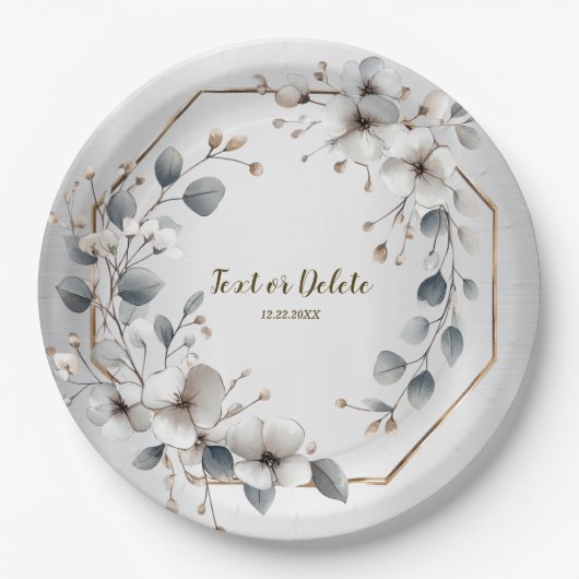 Waterverf Witte Bloemen Gouden Lijst Zilver Blauwg Papieren Bordje (Voorkant)