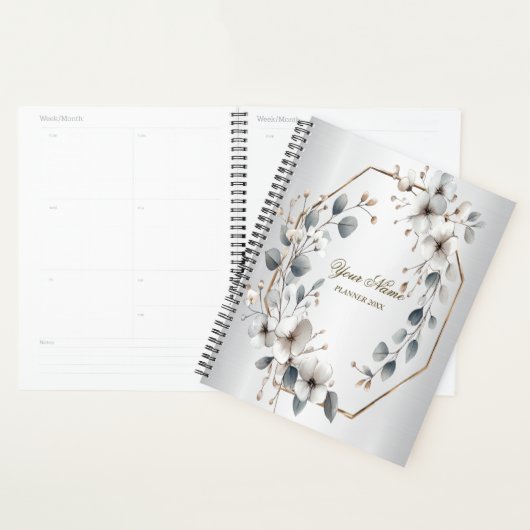 Waterverf Witte Bloemen Gouden Lijst Zilver Blauwg Planner (Display)