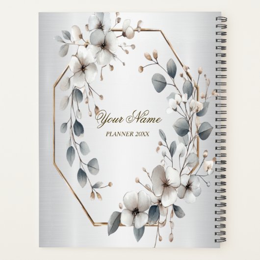 Waterverf Witte Bloemen Gouden Lijst Zilver Blauwg Planner (Achterkant)
