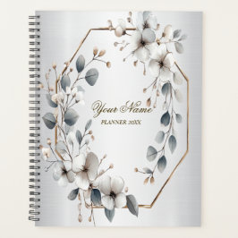 Waterverf Witte Bloemen Gouden Lijst Zilver Blauwg Planner