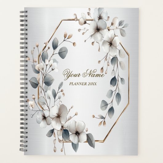 Waterverf Witte Bloemen Gouden Lijst Zilver Blauwg Planner (Voorkant)
