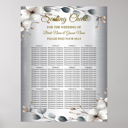 Waterverf Witte Bloemen Gouden Lijst Zilver Blauwg Poster (Voorkant)