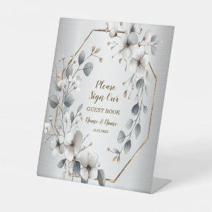 Waterverf Witte Bloemen Gouden Lijst Zilver Blauwg Reclamebord Met Voetstuk