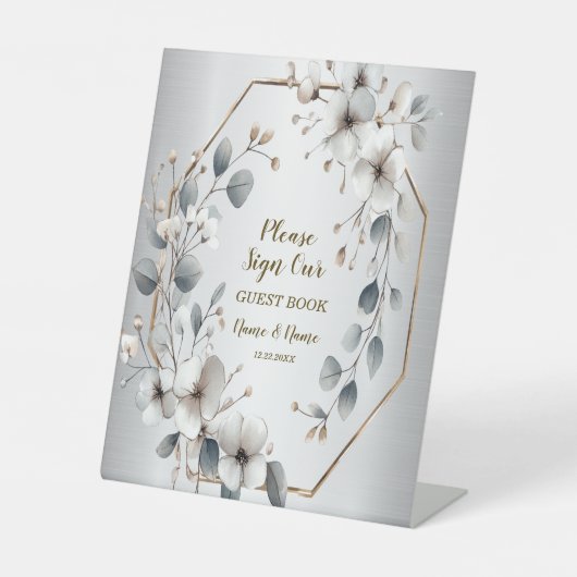 Waterverf Witte Bloemen Gouden Lijst Zilver Blauwg Reclamebord Met Voetstuk (Voorkant)