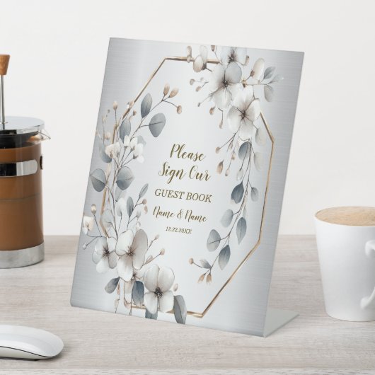 Waterverf Witte Bloemen Gouden Lijst Zilver Blauwg Reclamebord Met Voetstuk (Insitu)