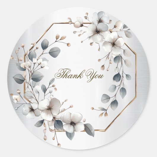 Waterverf Witte Bloemen Gouden Lijst Zilver Blauwg Ronde Sticker (Voorkant)