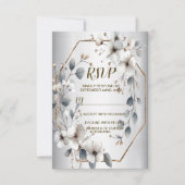 Waterverf Witte Bloemen Gouden Lijst Zilver Blauwg RSVP Kaartje (Voorkant)