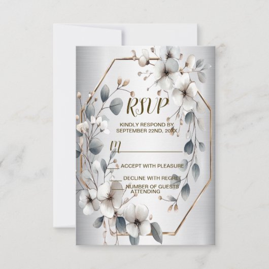 Waterverf Witte Bloemen Gouden Lijst Zilver Blauwg RSVP Kaartje (Voorkant)