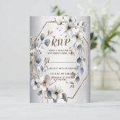 Waterverf Witte Bloemen Gouden Lijst Zilver Blauwg RSVP Kaartje (Staand voorkant)