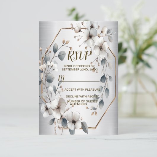 Waterverf Witte Bloemen Gouden Lijst Zilver Blauwg RSVP Kaartje (Staand voorkant)