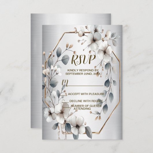 Waterverf Witte Bloemen Gouden Lijst Zilver Blauwg RSVP Kaartje (Voorkant / Achterkant)