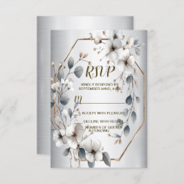 Waterverf Witte Bloemen Gouden Lijst Zilver Blauwg RSVP Kaartje