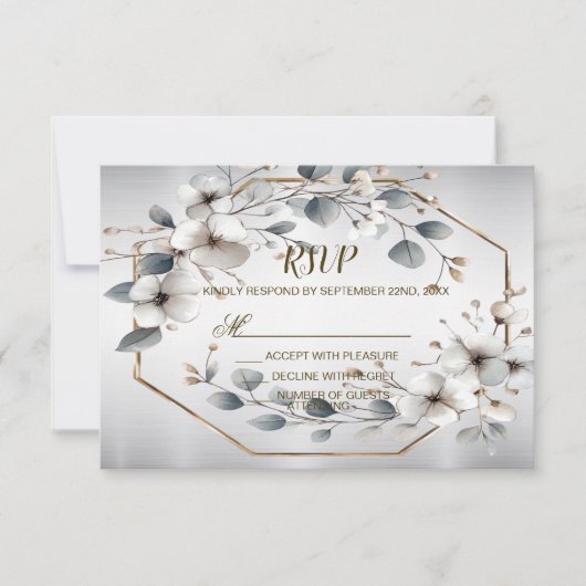 Waterverf Witte Bloemen Gouden Lijst Zilver Blauwg RSVP Kaartje (Voorkant)