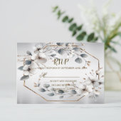 Waterverf Witte Bloemen Gouden Lijst Zilver Blauwg RSVP Kaartje (Staand voorkant)