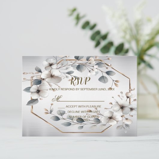 Waterverf Witte Bloemen Gouden Lijst Zilver Blauwg RSVP Kaartje (Staand voorkant)
