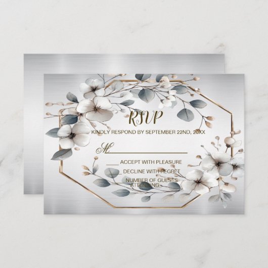 Waterverf Witte Bloemen Gouden Lijst Zilver Blauwg RSVP Kaartje (Voorkant / Achterkant)