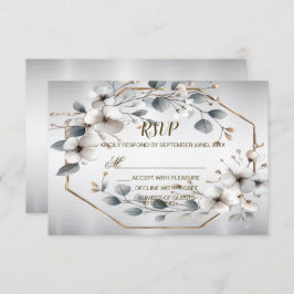 Waterverf Witte Bloemen Gouden Lijst Zilver Blauwg RSVP Kaartje