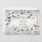 Waterverf Witte Bloemen Gouden Lijst Zilver Blauwg Save The Date (Voorkant)