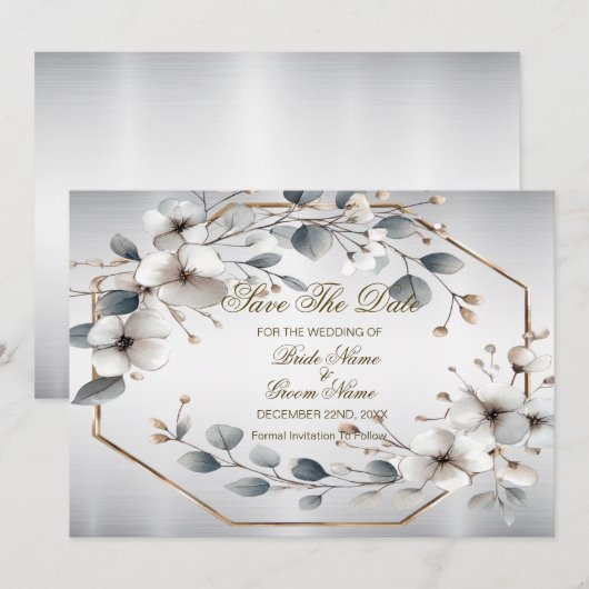Waterverf Witte Bloemen Gouden Lijst Zilver Blauwg Save The Date (Voorkant / Achterkant)